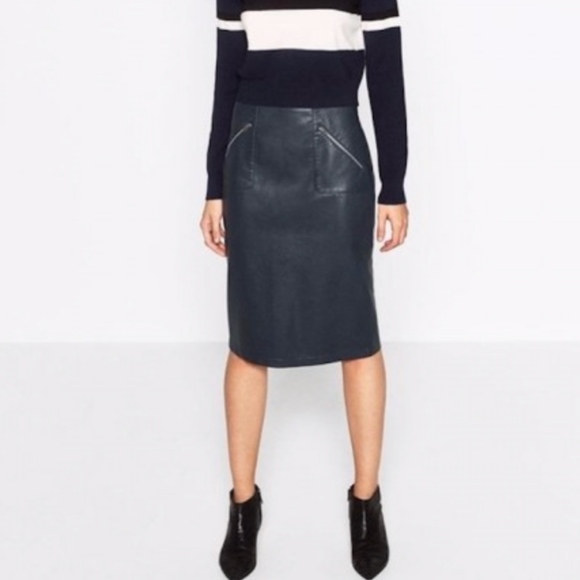 zara faux leather midi skirt